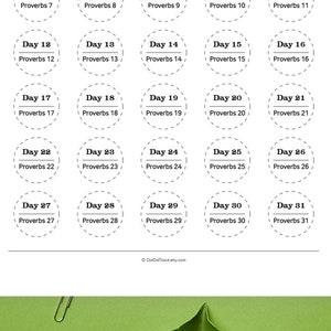 May include: A printable sheet with 31 circles, each containing a day number and a corresponding proverb from the Book of Proverbs. The circles are arranged in a grid pattern, with each row representing a week. The sheet is designed for use as a daily devotional or Bible study.