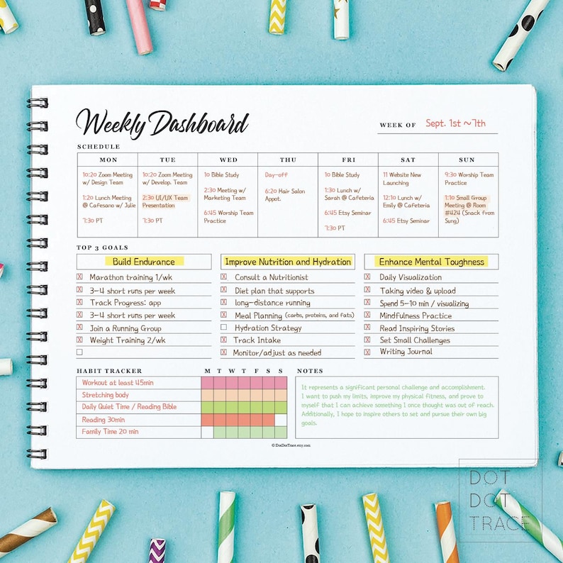 May include: A weekly planner with a yellow, pink, and green colour scheme. The planner includes a schedule, top 3 goals, habit tracker, and notes section. The planner is designed to help people stay organised and on track with their goals.