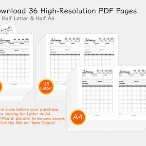 May include: A stack of 36 printable calendar pages in A5, US Letter, and A4 sizes. The pages are black and white and feature a simple monthly calendar layout with space for notes and to-do lists. The text "Download 36 High-Resolution PDF Pages" is at the top of the image. The text "A5, Half Letter & Half A4" is below the first line of text. The text "Check the sizes before your purchase. If you are looking for Letter or A4 sized 12-Month planner (in the same design), please click the link on "Item Details" is at the bottom of the image.