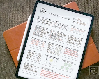 May include: A white digital tablet with a black frame displays a pet report card for a dog named Rocky. The report card includes sections for meals, potty times, naptime, training, activities, problems or concerns, general behavior and mood, and today's reward level. The report card is dated Monday, September 20th.
