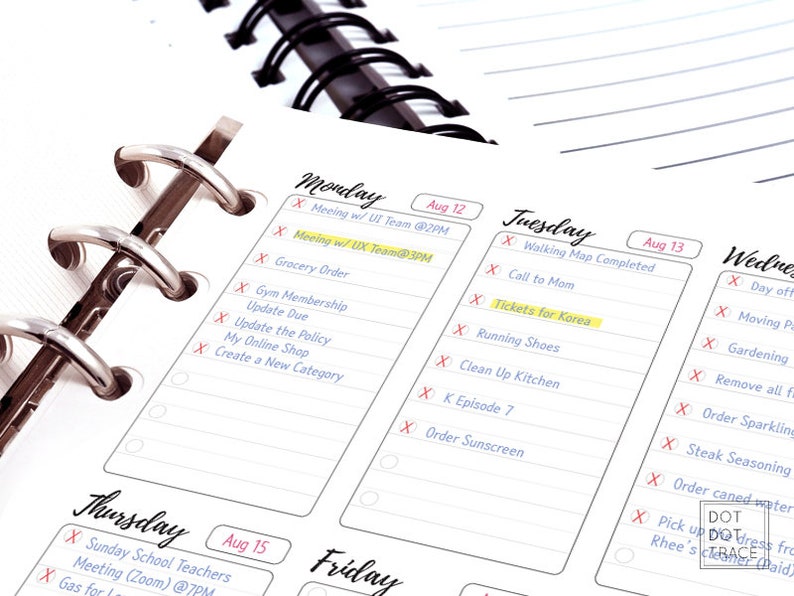 May include: A weekly planner with a black and silver binder. The planner has a white background with black lines and includes the days of the week: Monday, Tuesday, Wednesday, Thursday, and Friday. Each day has a date and a list of tasks to be completed. Some tasks are highlighted in yellow.