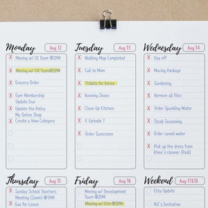 May include: A weekly planner with a white background and black lines. The planner is divided into seven days of the week: Monday, Tuesday, Wednesday, Thursday, Friday, Saturday, and Sunday. Each day has a list of tasks to be completed. The planner also includes a section for notes and a section for goals.