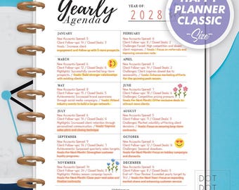 以下が含まれることがあります： 2028年のカラフルな年間スケジュールプランナー。毎月の目標とハイライトが記載されています。プランナーは12ヶ月に分けられており、各月は異なる色と小さなイラストが描かれています。このプランナーは、整理整頓し、目標達成を支援するために設計されています。