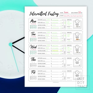 Puede incluir: Un rastreador de ayuno intermitente imprimible con un diseño en blanco y negro. El rastreador incluye un registro diario para registrar el último bocado, el primer bocado, las horas de ayuno, las horas de comida y el ejercicio. El rastreador también incluye un rastreador de peso con un gráfico de escala.