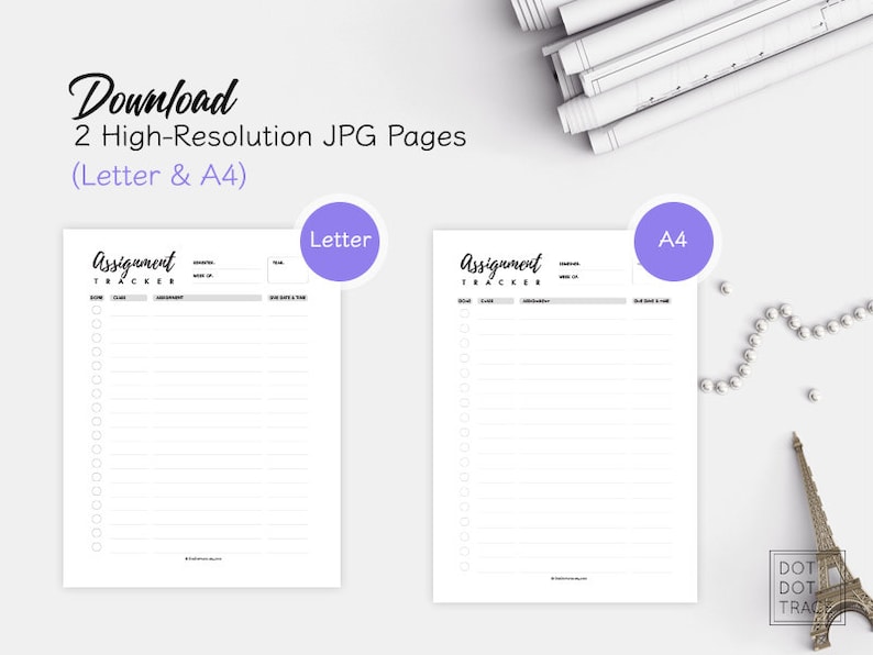 May include: Printable assignment tracker in letter and A4 sizes. The tracker has a section for due date, class, assignment, and notes. The text "Assignment Tracker" is written in black cursive.