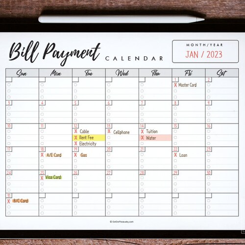 Printable Bill Payment Calendar Monthly Bills Calendar Bill Etsy