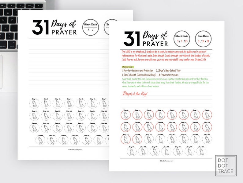 May include: A printable 31 days of prayer journal with a black and white illustration of praying hands. The journal includes a start date, end date, and a list of prayer topics. The text "Prayer is the Key!" is written at the bottom of the page.
