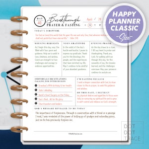 Könnte beinhalten: Eine druckbare Planerseite mit einem pinkfarbenen und violetten Happy Planner Classic-Logo. Die Seite trägt den Titel "Breakthrough Prayer & Fasting" und enthält einen Tagesplan, Bibelstellen, Gebetsanliegen, Dankbarkeit, Lobpreis und Fastentipps. Die Seite ist für persönliche Reflexion und spirituelles Wachstum konzipiert.