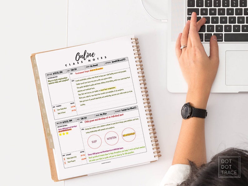 May include: A notebook with the title "Online Class Notes" and a section titled "Child growth and development at no-inhibited pace" with three circles labeled "Sleep", "Nutrition", and "Relationship".