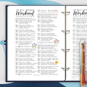 May include: A printable 28-day indoor workout challenge planner with a blue and white cover. The planner includes a daily workout schedule with a warm-up, workout, and cool-down section. The planner is divided into four weeks: Getting Started, Building Strength, Increasing Intensity, and Full Challenge. The planner also includes a section for tracking progress.