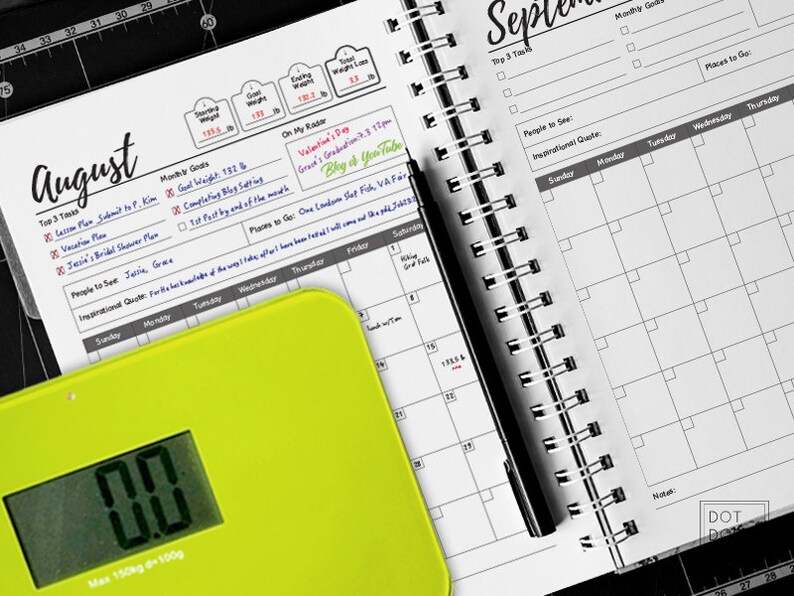 May include: A close-up of a yellow digital scale with a black and white calendar open to August and September. The scale reads 0.00 and the calendar has checkboxes for tasks and goals.