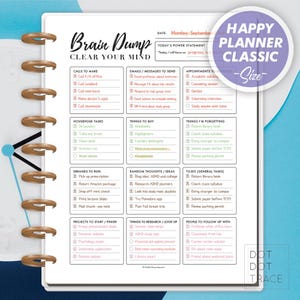 May include: A planner page titled "Brain Dump" with a list of tasks, appointments, and reminders. The page is from a "Happy Planner Classic" and includes sections for calls, emails, household tasks, and things to buy. The planner is white with brown spiral binding.