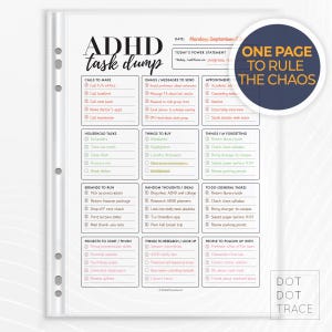 May include: ADHD task dump planner page with a list of tasks, emails, appointments, and reminders. Includes the text "One Page to Rule the Chaos" and the Dot Dot Trace logo.