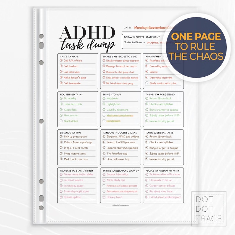 May include: ADHD task dump planner page with a list of tasks, emails, appointments, and reminders. Includes the text "One Page to Rule the Chaos" and the Dot Dot Trace logo.