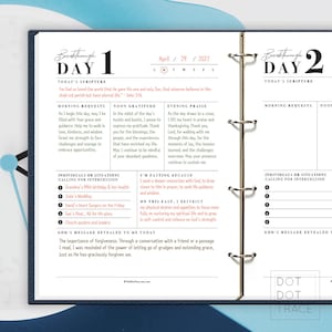 May include: A printable daily planner page with a blue and white design. The page includes sections for morning requests, noon gratitude, evening praise, individuals or situations calling for intercession, and God's message revealed to me today. The page also includes a date and a scripture verse.