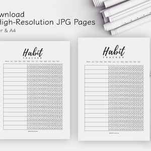 Pode incluir: Duas p&aacute;ginas imprim&iacute;veis em preto e branco de rastreamento de h&aacute;bitos com o texto "Habit Tracker" no topo de cada p&aacute;gina. As p&aacute;ginas s&atilde;o projetadas para uso com um calend&aacute;rio mensal.