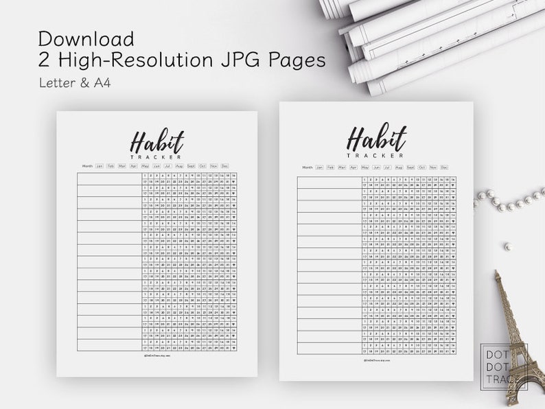 Pode incluir: Duas p&aacute;ginas imprim&iacute;veis em preto e branco de rastreamento de h&aacute;bitos com o texto "Habit Tracker" no topo de cada p&aacute;gina. As p&aacute;ginas s&atilde;o projetadas para uso com um calend&aacute;rio mensal.