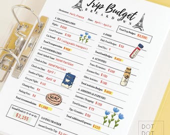 May include: A printable trip budget planner with a Parisian theme. The planner includes sections for transportation, accommodation, food, activities, and additional expenses. The planner also includes a savings tracker.