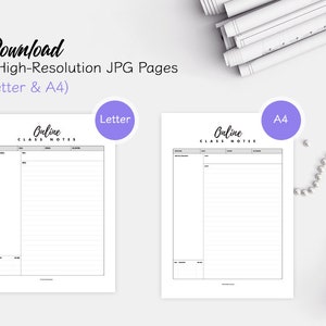 May include: Two printable pages for online class notes, one in Letter size and one in A4 size. Each page has a header that says "Online Class Notes" and is divided into three sections: "Date", "Topic", and "Notes".