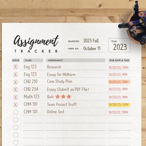 May include: A printable assignment tracker with a checklist, class names, assignment names, and due dates. The tracker is designed for the Fall 2023 semester and includes a section for marking assignments as done.