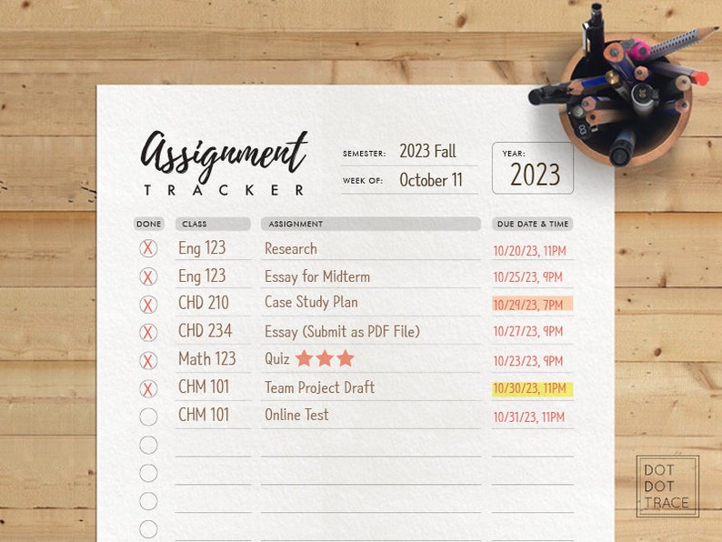 May include: A printable assignment tracker with a checklist, class names, assignment names, and due dates. The tracker is designed for the Fall 2023 semester and includes a section for marking assignments as done.