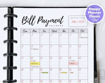 Afdrukbare factuurbetalingskalender: Happy Planner, klassiek formaat (digitale download)