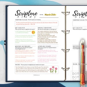 Peut inclure: Une page de journal d'étude des Écritures imprimable avec un motif floral rose, bleu et vert. La page comprend des sections pour la date, le passage des Écritures, les points clés, la réflexion personnelle, les idées exploitables, les questions ou les réflexions et la prière. Le texte sur la page comprend le passage des Écritures "Car Dieu a tant aimé le monde qu'il a donné son Fils unique, afin que quiconque croit en lui ne périsse point, mais ait la vie éternelle. Jean 3:16."