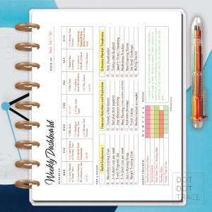 May include: A weekly planner with a colorful grid for tracking habits, goals, and daily activities. The planner includes sections for scheduling, top goals, and habit tracking. The planner is designed to help users stay organized and motivated.