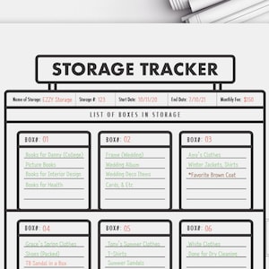 Printable Storage Tracker Moving Tracker Storage Box List of Boxes in Storage Moving Item List Printable Moving Box List Template Download