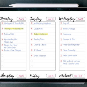 May include: A weekly planner with a white background and black lines. The planner is divided into seven days of the week: Monday, Tuesday, Wednesday, Thursday, Friday, Saturday, and Sunday. Each day has a date and a list of tasks. The tasks are marked with an 'X' to indicate that they are completed.