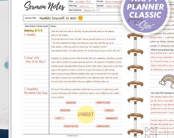 Notas de sermones imprimibles: Reflexión y aplicación - Happy Planner Classic (PDF)