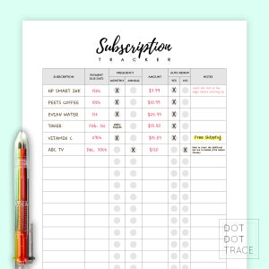 May include: A printable subscription tracker with a checklist for monthly and annual subscriptions. The tracker includes columns for subscription name, payment due date, frequency, amount, auto renew, and notes. The tracker is designed to help people keep track of their recurring expenses.