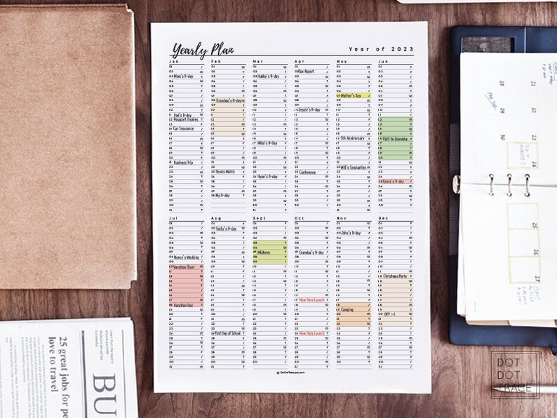 Printable 2023 Planner Year at a Glance Monthly Planner Daily Planner