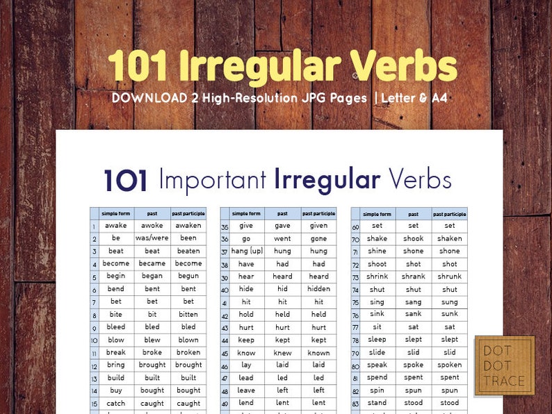 Printable 101 Irregular Verbs Printable Irregular Verb List Etsy