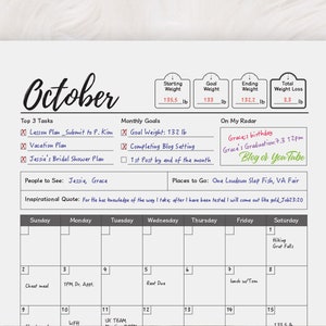 May include: A printable October calendar planner with a monthly goal section, a top 3 tasks section, a people to see section, a places to go section, and an inspirational quote section. The calendar has a grid layout with each day of the month labeled. The calendar also includes a section for tracking weight loss goals.