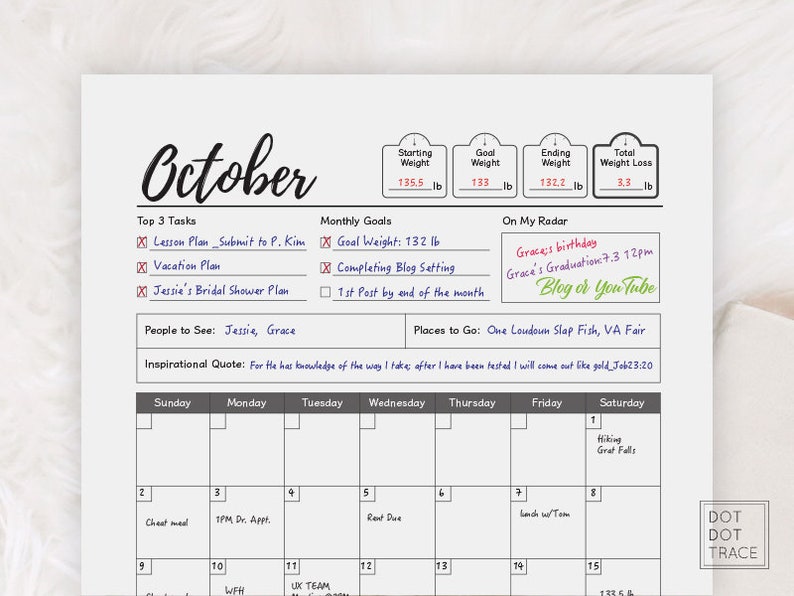 May include: A printable October calendar planner with a monthly goal section, a top 3 tasks section, a people to see section, a places to go section, and an inspirational quote section. The calendar has a grid layout with each day of the month labeled. The calendar also includes a section for tracking weight loss goals.