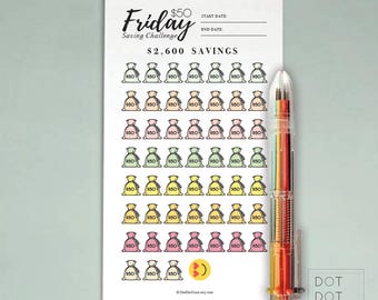 Sobre imprimible para el desafío de ahorro de 52 semanas del viernes de 50 dólares, hoja de trabajo para el presupuesto semanal y el ahorro, objetivo financiero, ahorro anual.