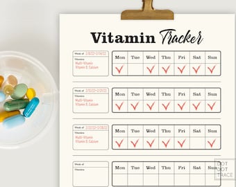 May include: A printable vitamin tracker with a checklist for each day of the week. The tracker includes space to record the vitamins taken, such as multi-vitamin, vitamin D, and calcium. The tracker is designed to be used for four weeks.