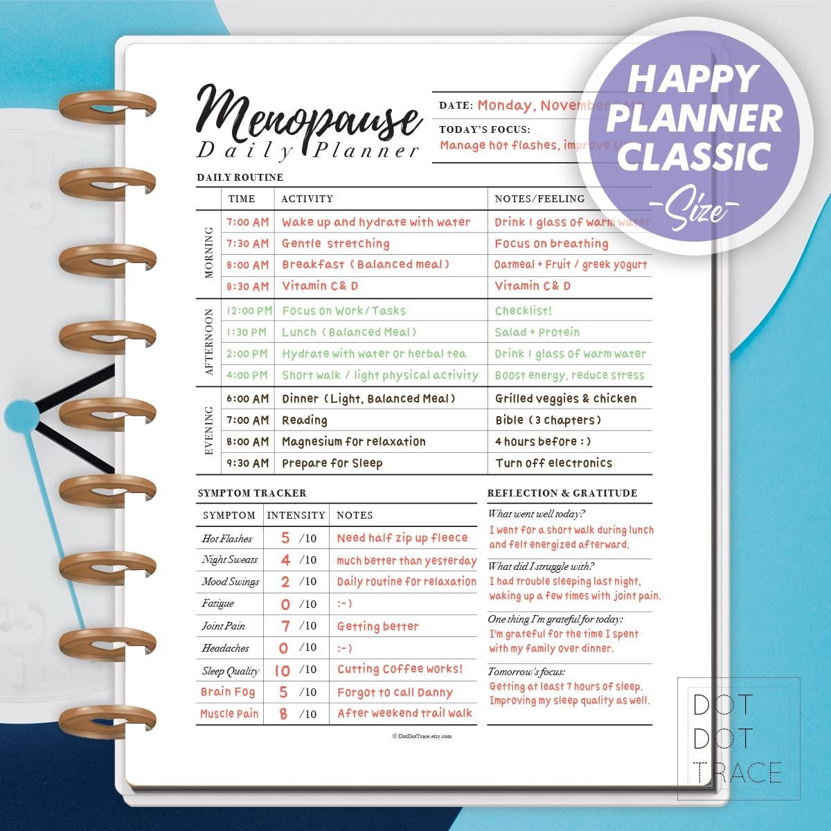 Printable Menopause Daily Planner [Happy Planner Classic] Symptom Tracker for Women Manage Perimenopause & Menopause Support Template PDF