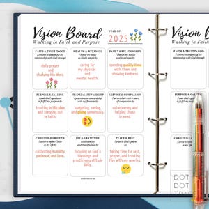 Op de afbeelding: Een printbaar vision board met een witte achtergrond en kleurrijke tekst. Het bord is verdeeld in 12 secties, elk met een ander onderwerp, zoals geloof, gezondheid, familie en doel. Het bord is ontworpen om mensen te helpen doelen te stellen en hun dromen voor het jaar 2025 te visualiseren.