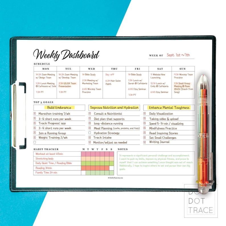 May include: A weekly planner featuring a colourful habit tracker, top 3 goals, and a notes section. The planner is divided into days of the week, with sections for schedule, top goals, and habit tracker. The planner is designed to help people stay organised and on track with their goals.