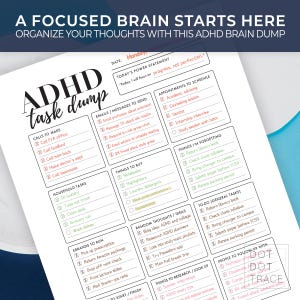May include: ADHD task dump planner with sections for calls, errands, and appointments. Includes the text "A Focused Brain Starts Here" and "Organize Your Thoughts With This ADHD Brain Dump". Features a Monday date and a "Today's Power Statement".