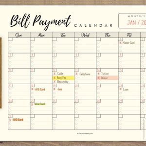 Printable Bill Payment Calendar Horizontal Monthly Bills Calendar Bill ...
