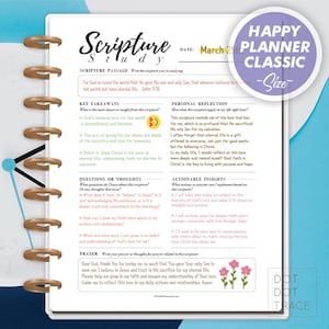May include: A printable scripture study planner page with a pink and green floral design. The page includes sections for the scripture passage, key takeaways, personal reflection, questions or thoughts, actionable insights, and a prayer. The scripture passage is "For God so loved the world that He gave His one and only Son, that whoever believes in Him shall not perish but have eternal life. John 3:16".