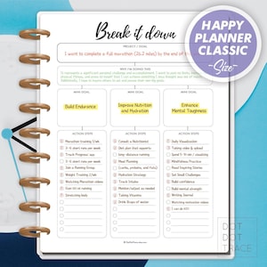 May include: A printable planner page with the title "Break it down" and the text "I want to complete a full marathon (26.2 miles) by the end of the..."  The page is divided into three sections: "Build Endurance", "Improve Nutrition and Hydration", and "Enhance Mental Toughness". Each section has a list of action steps to help achieve the goal.