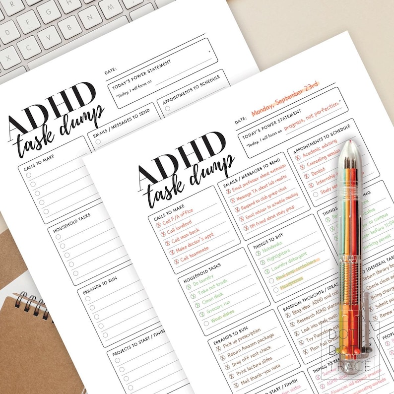 May include: Two white printed ADHD task dump planner sheets with black text and a colorful pen. The sheets have sections for calls, household tasks, errands, and appointments. The pen has a clear barrel with multiple colored ink cartridges.