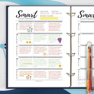 May include: A close-up of a page from a Smart Goal Planner, a printable planner for setting and tracking goals. The page is divided into sections for specific, measurable, attainable, relevant, and time-bound goals. The planner includes a progress tracker, a section for identifying the importance of the goal, and a section for identifying how the goal will be achieved. The planner is designed to help people set and achieve their goals.