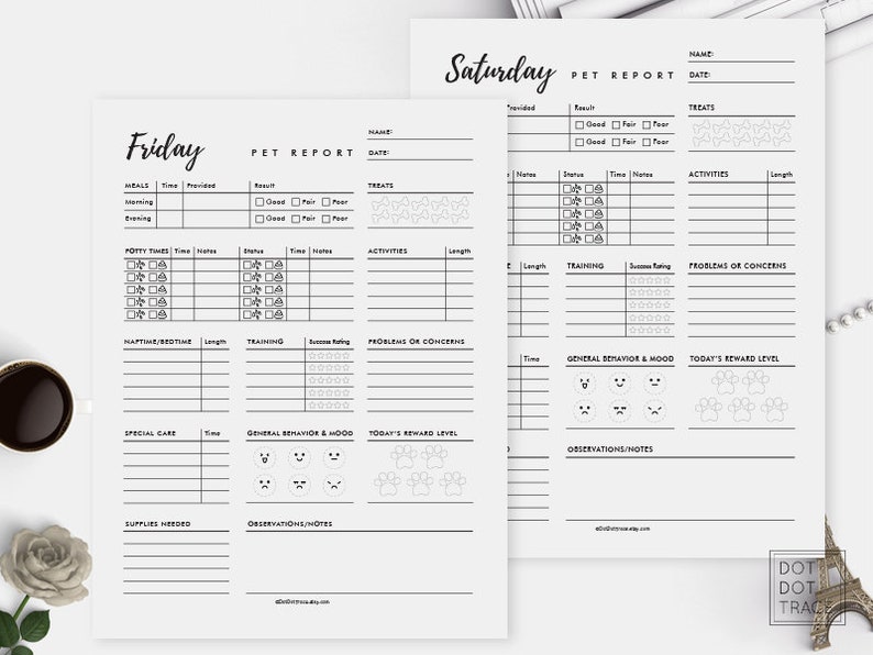 Printable 7 Day Pet Report Card Pet Daily Log Daily Dog Report | Etsy