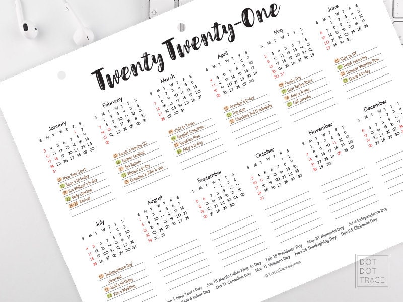 Printable 2021 US Calendar Twenty Twenty One Calendar 2021 Etsy