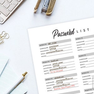 May include: A printable password list with gray boxes for website, username, password, email, and notes. The text "Password List" is written in black cursive at the top of the page. The text "DOT DOT TRACE" is written in black at the bottom of the page.